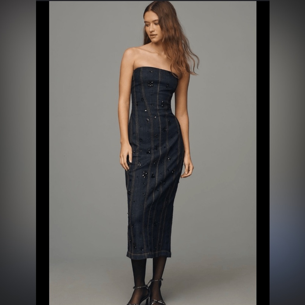 Anthropologie strapless beaded denim midi dress